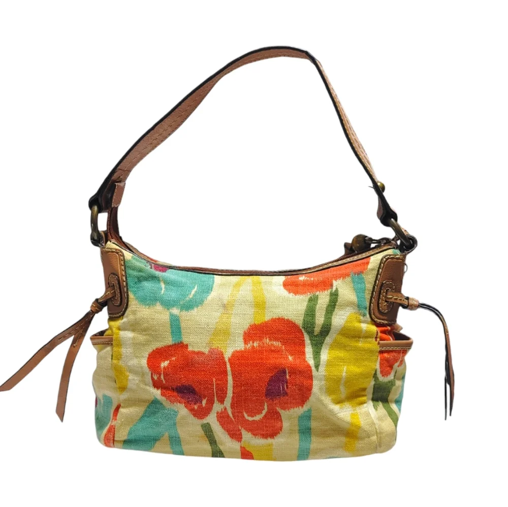 Fossil Colorful Floral Canvas Leather Boho Style Bag Handbag Purse Satchel